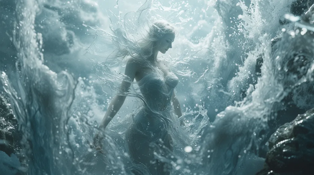 Néréa, Déesse Fondatrice de l'eau, silhouette liquide aux reflets changeants