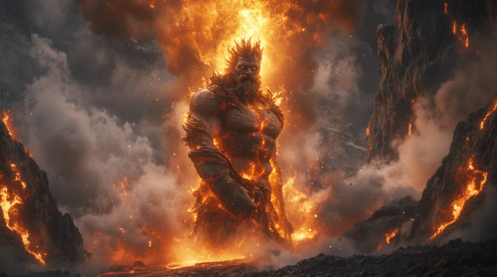 Pyrrhos, Dieu Fondateur du feu, corps de flammes mouvantes