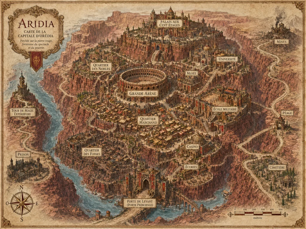 Carte illustrée d’Aridia montrant la Grande Arène, le palais aux cent étages, les quartiers, les mines, le péage, la prison et la tour de magie.