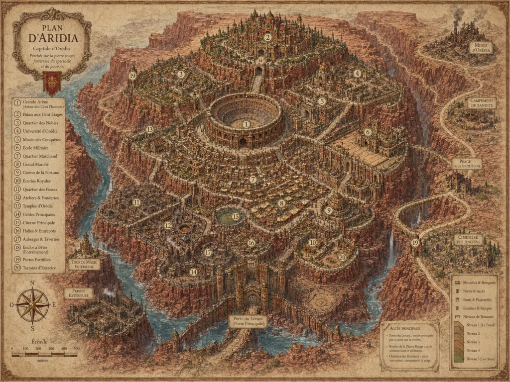 Plan détaillé d’Aridia avec ses différents niveaux, la Grande Arène, le palais, les quartiers, les marchés, les Fosses Royales, les portes et les accès.