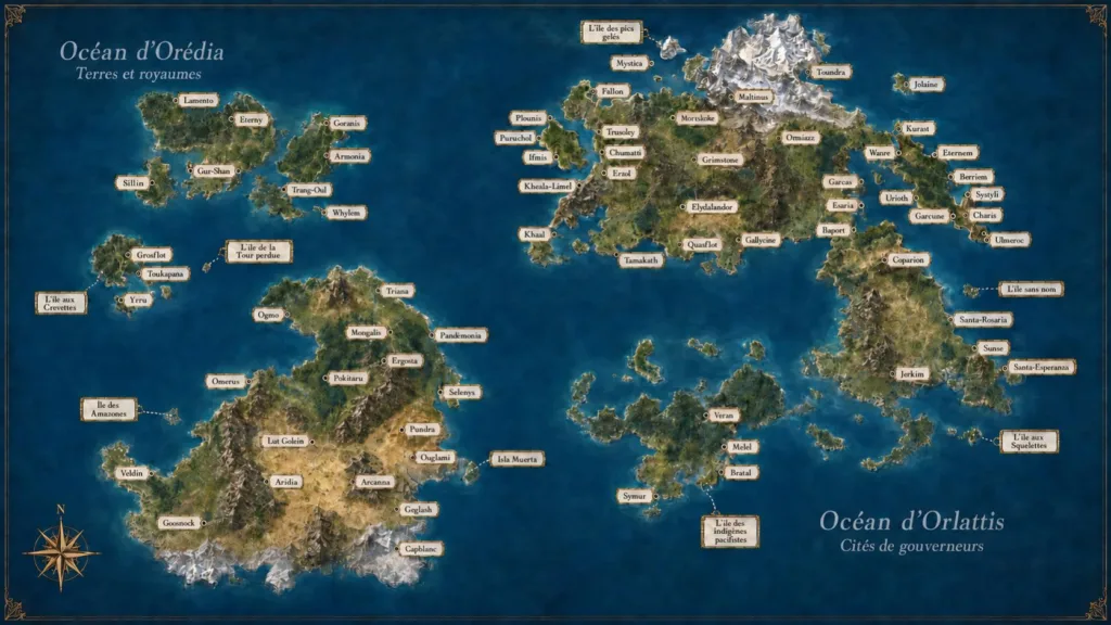 Carte d’Océania montrant les terres d’Orédia et les cités d’Orlattis, avec les villes, îles, royaumes et principaux repères géographiques du jeu de rôle Tempêtes et Jambes de Bois.