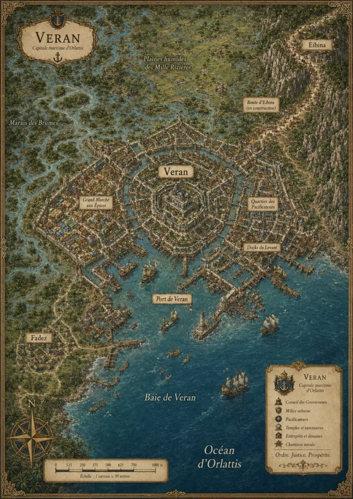 Plan illustré de Veran, capitale maritime d’Orlattis, avec son port, ses quartiers, Eibina, Fadez, les marais et les routes côtières.
