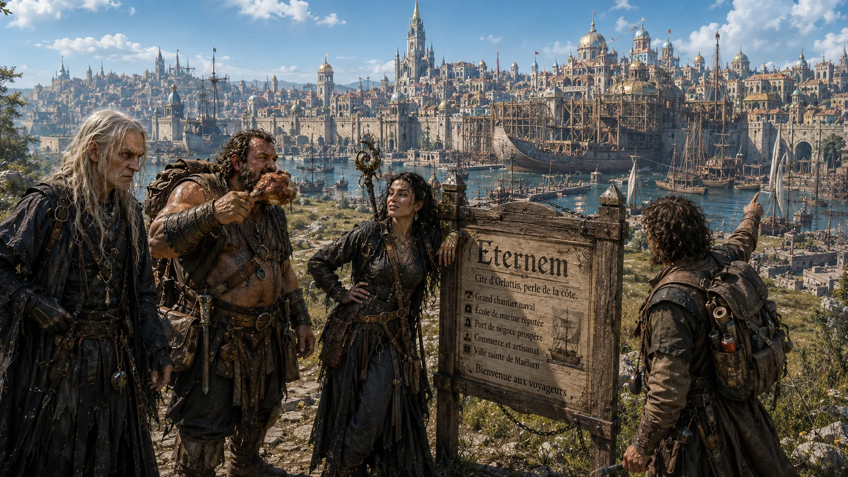 Quatre aventuriers découvrent une grande ville portuaire d’Océania depuis une route en hauteur.