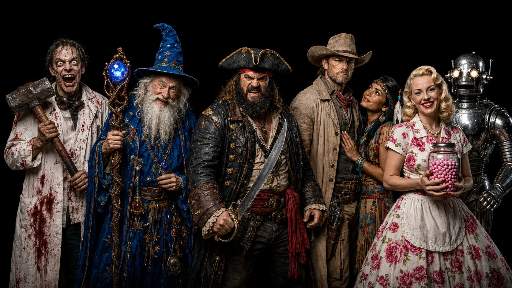 Les héros de quatre univers imaginaires réunis sur fond noir : un savant fou ensanglanté, un vieux mage à la robe étoilée, un capitaine pirate menaçant, un cow-boy et une femme amérindienne, et une ménagère des années 1950 tenant un bocal de pilules roses près d'un robot rétro