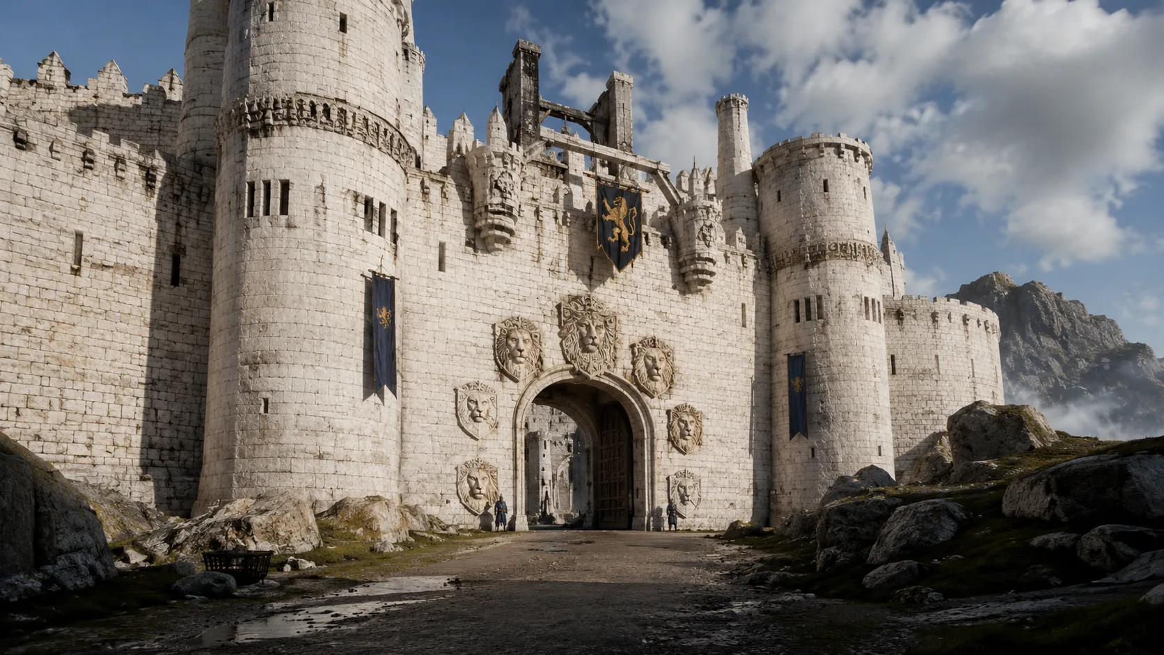 Une vaste forteresse de pierre blanche d’Océania, avec tours, remparts et grande porte ornée de lions.