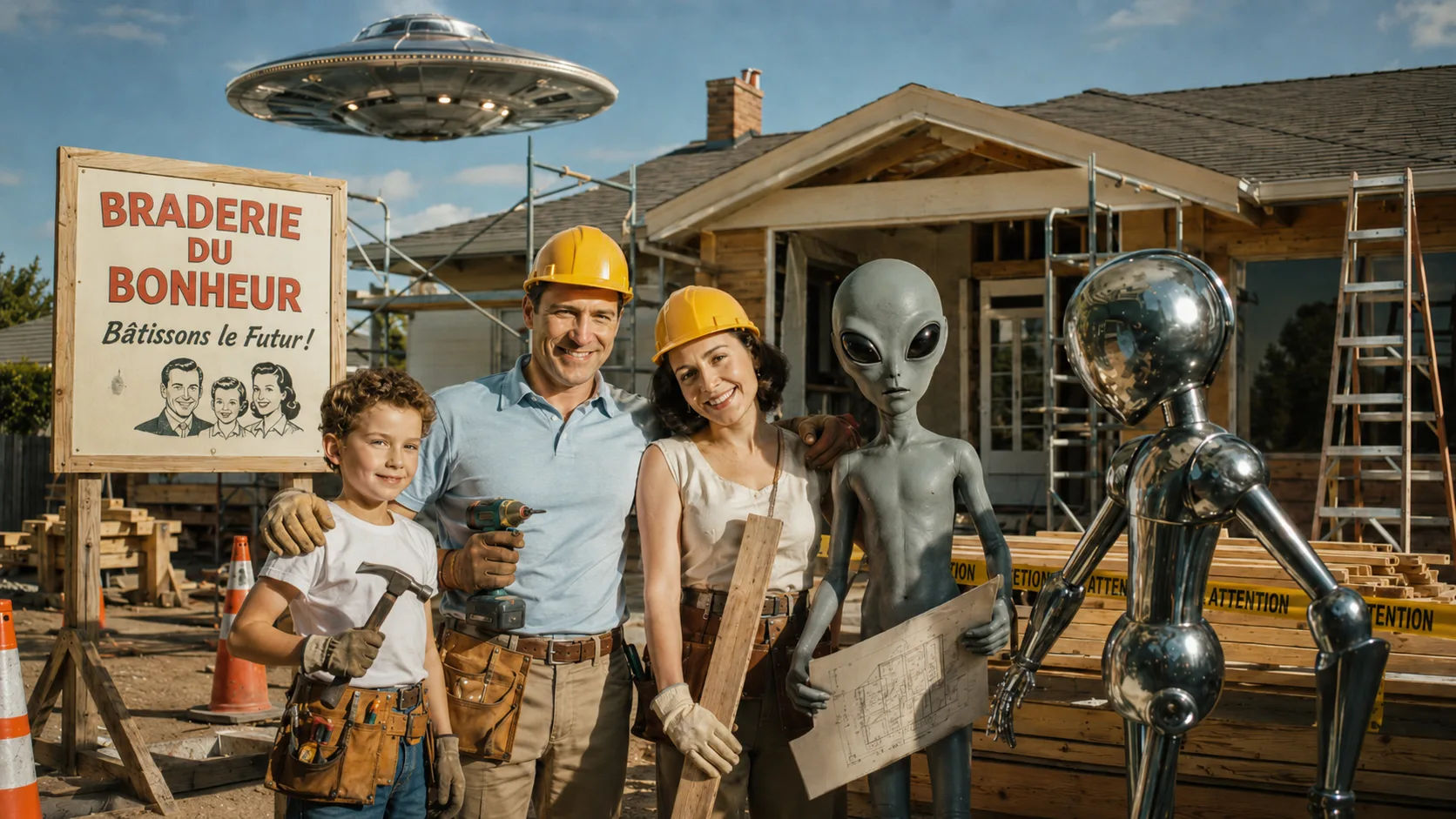 Une famille des années 1950, un extraterrestre et un robot en tenue de chantier — La Braderie du Bonheur, en construction