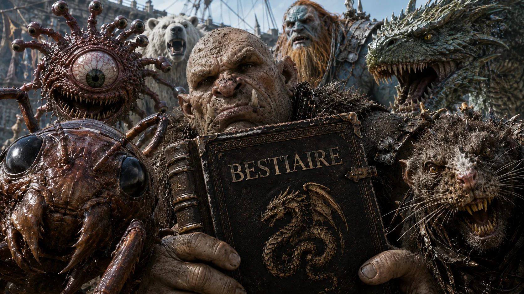 Un ogre tient le Bestiaire de Tempêtes et Jambes de Bois, entouré de plusieurs créatures monstrueuses d’Océania.