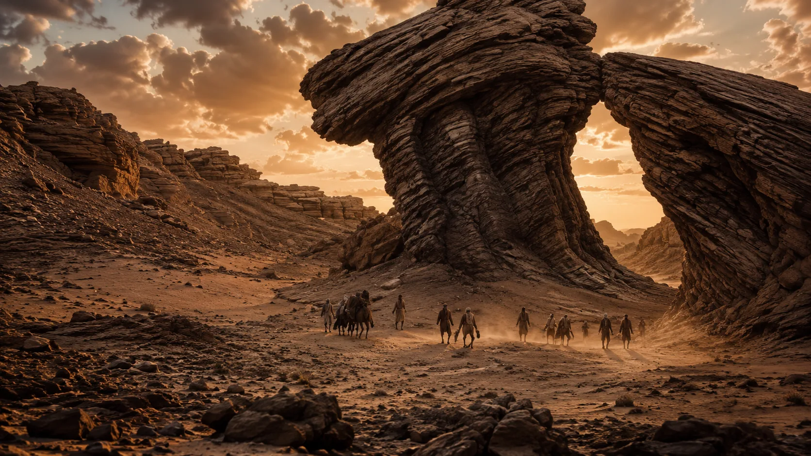 Encyclop&eacute;die d'Oc&eacute;ania : les premiers hommes d&eacute;filent au coucher de soleil sous un pic rocheux