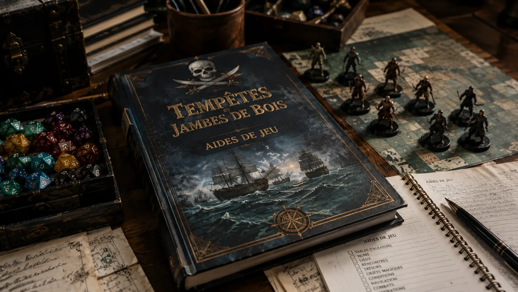 Livre des aides de jeu de Tempêtes et Jambes de Bois posé sur une table, entouré de dés, figurines, cartes et notes de partie.