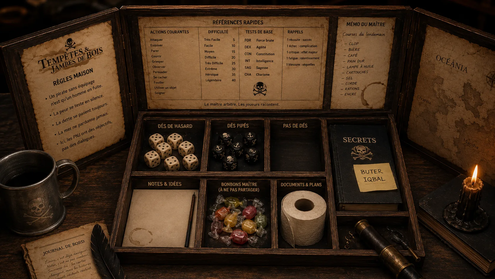 Aides de jeu du maître avec paravent, dés pipés, notes humoristiques et matériel de maîtrise.