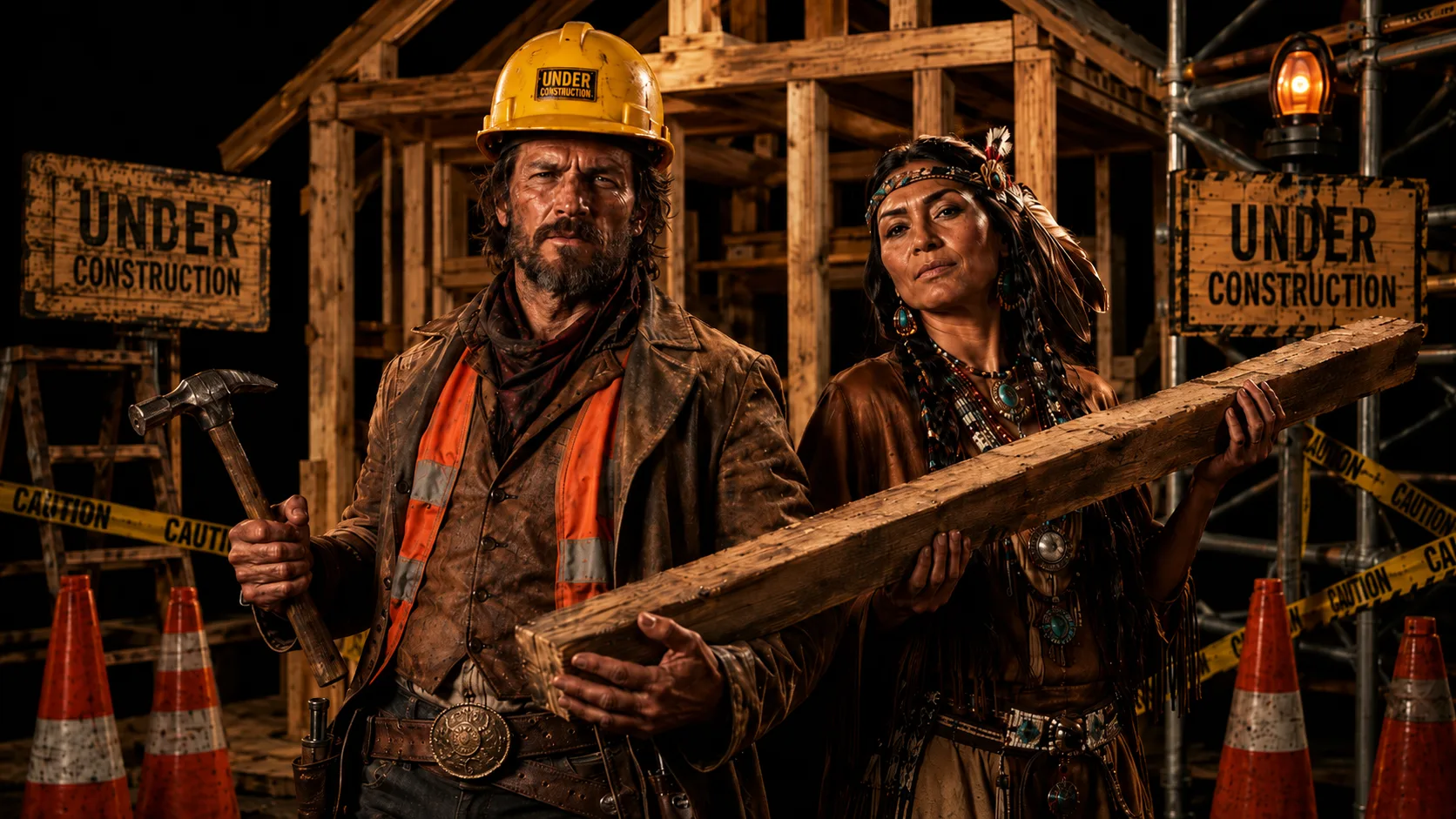 Un cow-boy et une femme amérindienne en tenue de chantier — Land of the West, en construction