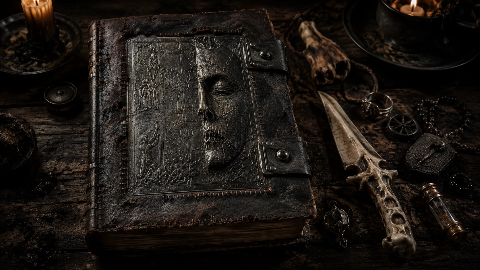 Ancien livre nécromantique posé sur une table sombre, entouré d’un couteau en os, de bijoux funéraires, de fioles et de bougies.