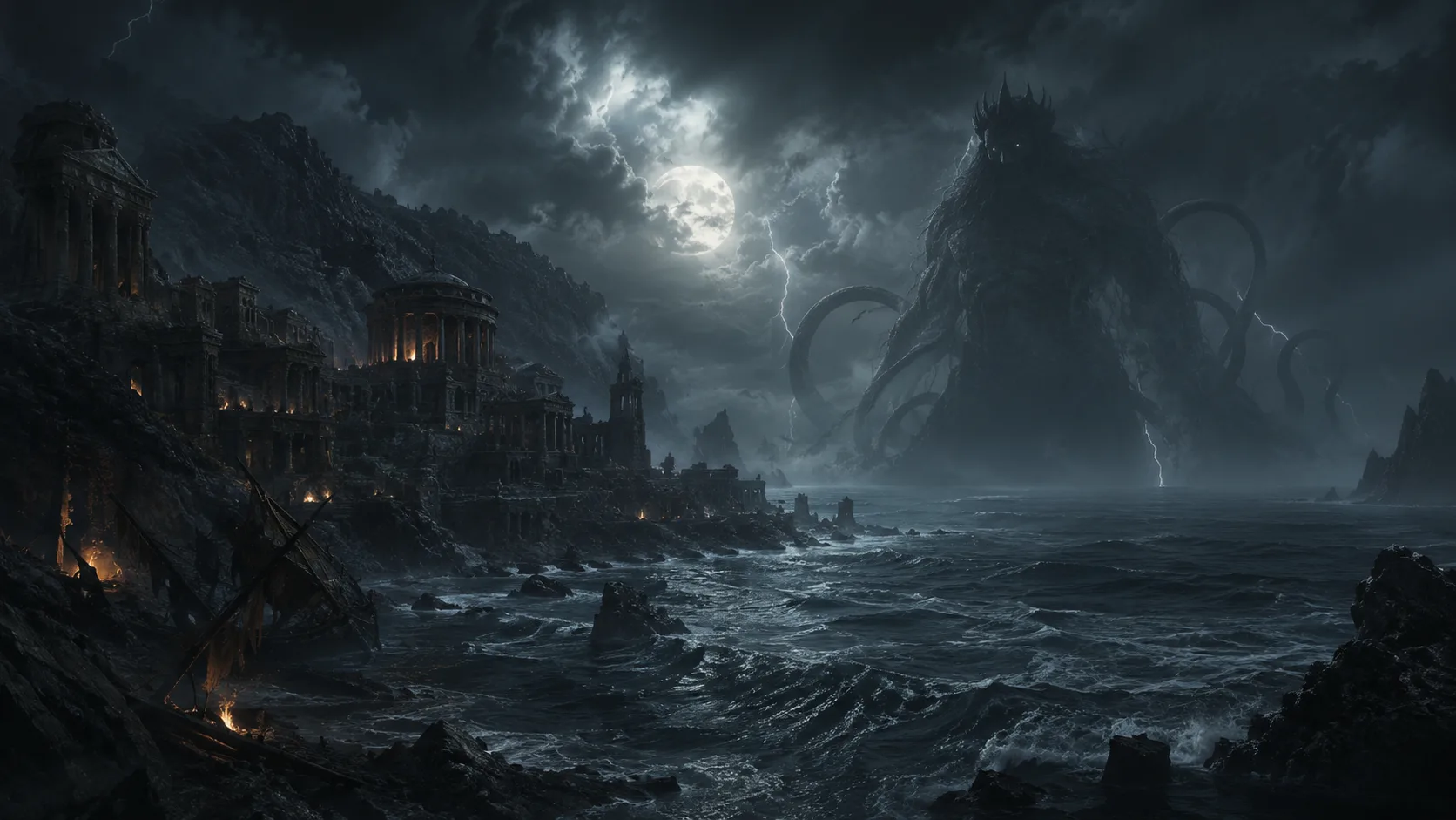 Un Titan colossal se dresse dans la nuit face à une cité côtière d’Océania, sous un ciel sombre au bord de la mer.