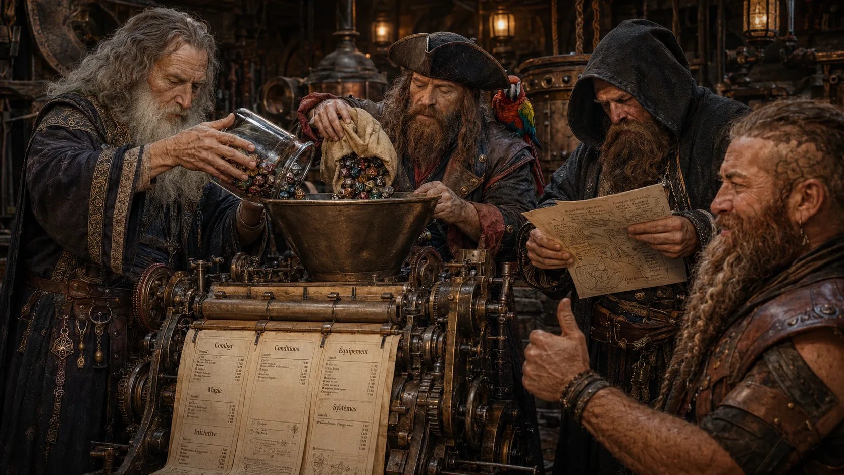 Un mage, un Pirate, un maudisseur et un guerrier demi-nain alimentent une machine à rouages avec des dés, des calculs et des schémas de jeu.