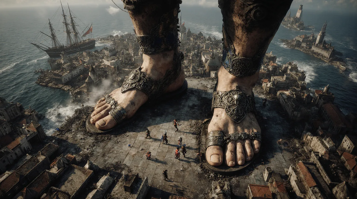 Les pieds colossaux d’un Titan d’Océania dominent une cité portuaire en ruine et ses habitants minuscules.